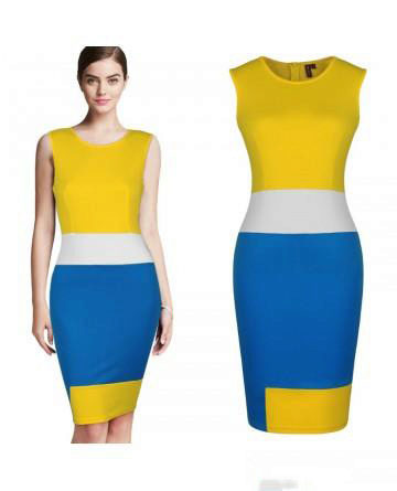 dress in mustard and blue